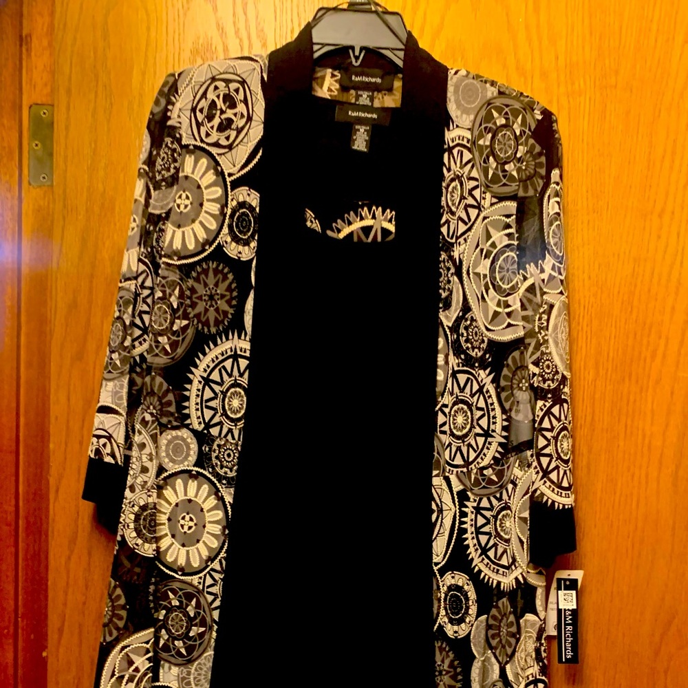 NWT Elegant black dress with black/ivory trim and matching light L/S cover.